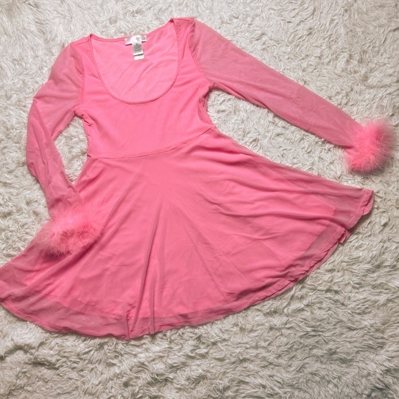 Pink Babydoll Dress Marabou Cuff Feathers Barbiecore Sheer Size Medium - Picture 1 of 8
